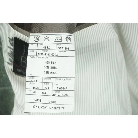 Jos A Bank Signature Collection Tailored Fit Silk Linen Gray Plaid Sport Coat 41
